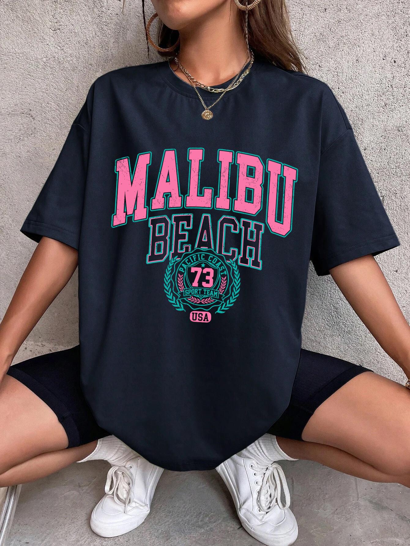 

Malibu Beach Letter Print Print Женские футболки Уличные повседневные футболки Летние брендовые футболки Одежда Хип-хоп Дышащие футболки для женщин 4XL