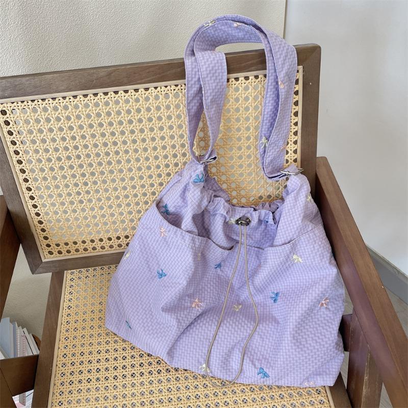 Spring and Summer New Fresh and Versatile Embroidered Bow Shoulder Bag Plaid Underarm Bag Lazy Canvas Bag