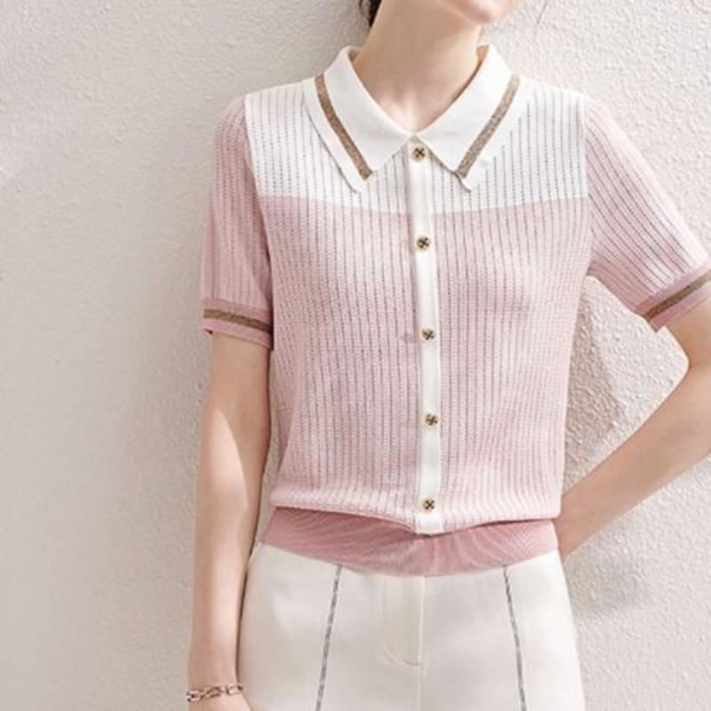 Damskie dzianinowe letnie cienkie polo z kołnierzykiem 2024 nowa moda casualowe w bloki kolorów wszechstronne z krótkim rękawem na guziki luźne T-shirty topy
