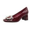 French Light Mouth Single Shoes Thick Heel Red Wedding Shoes 2025 Autumn New Patent Leather Nude Square Head High Heels Are Not Tired