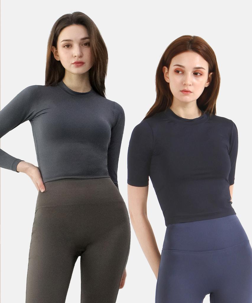 NOKJOK [2Pack] Plain Crop Top + Meriel Long Sleeve Crop Top Set (C Type)