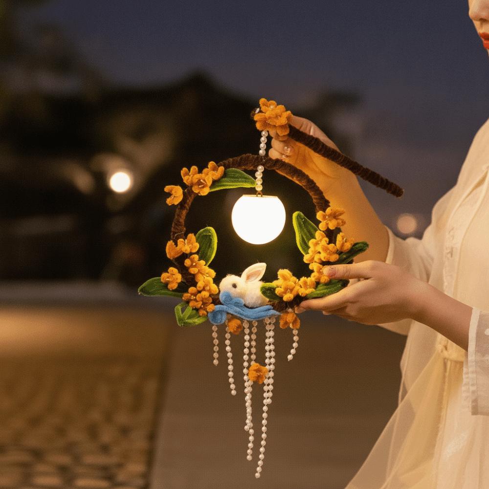 Handmade Rabbit Hoop Lamp Glowing Chenille Stems Craft Bunny Wreath Lantern  Mid-Autumn Festival