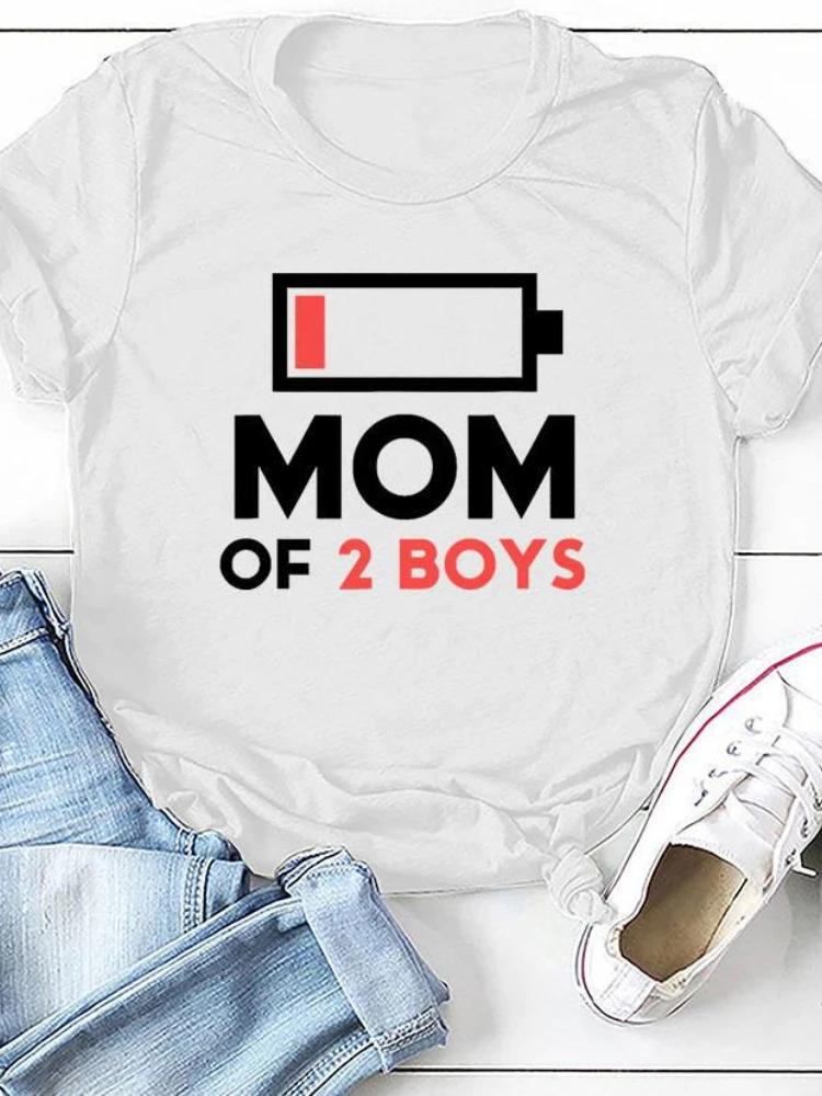 MOM OF BOYS Recharge Print Women T Shirt Short Sleeve O Neck Loose Women Tshirt Ladies Fashion Tee Shirt Tops Camisetas Mujer