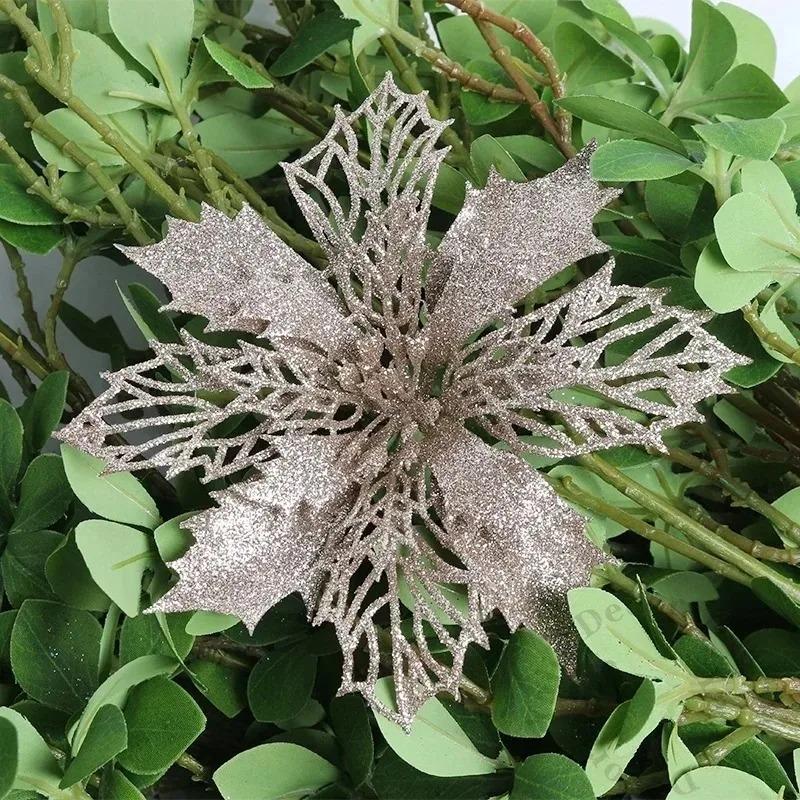 5Pcs Gold Christmas Sparkling Flowers Heads For Xmas Tree Hanging Ornament Home Room Decor Party DIY Wreath New Year 2025 Gifts