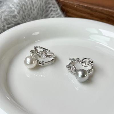 Pierścionek z perłą w kształcie nosa świni z podwójnym rzędem diamentów, kobiecy temperament, lekki luksus, niszowy design, zaawansowany zmysł, regulowany pierścień otwierający