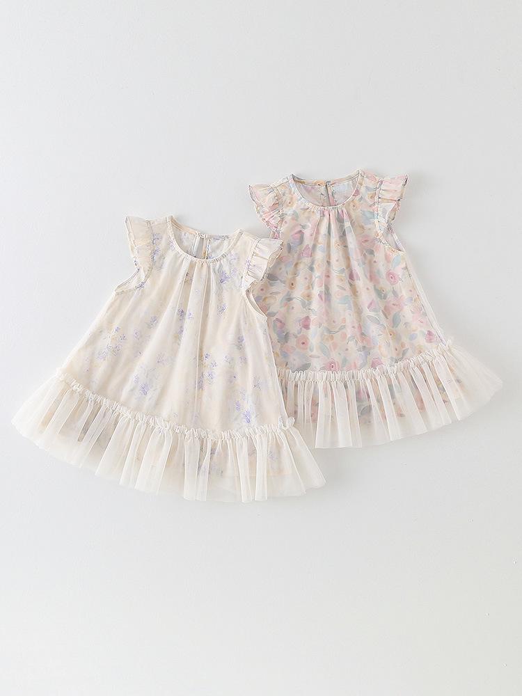 Korean Style Girls' Floral Puff Sleeve Princess Dress with Breathable Mesh Skirt for Infants and Toddlers