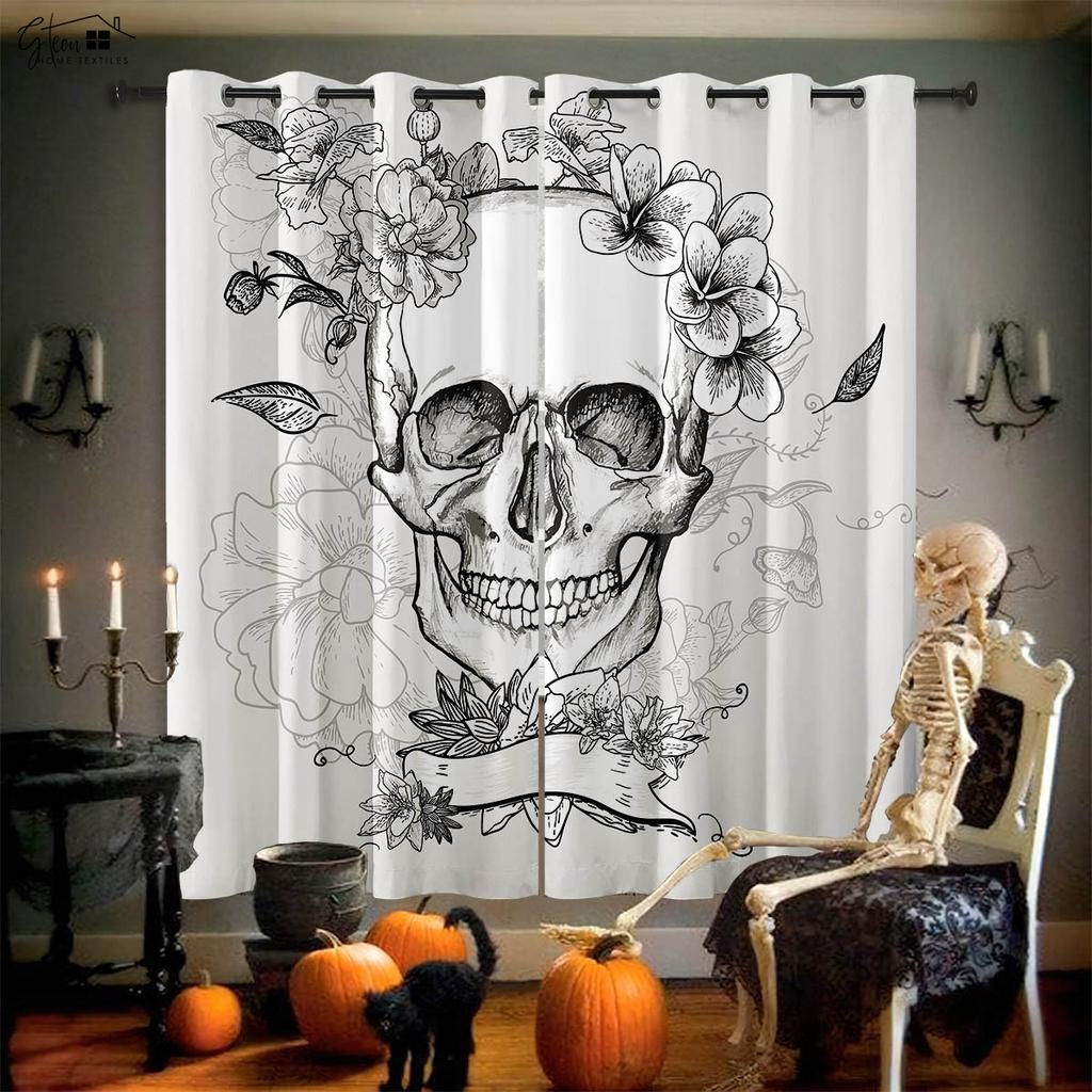 Skull Rose Curtains Retro Tricky Dark Ins Secret Room Bar Bedroom Halloween Christmas Holiday Decoration Curtains 2PCS