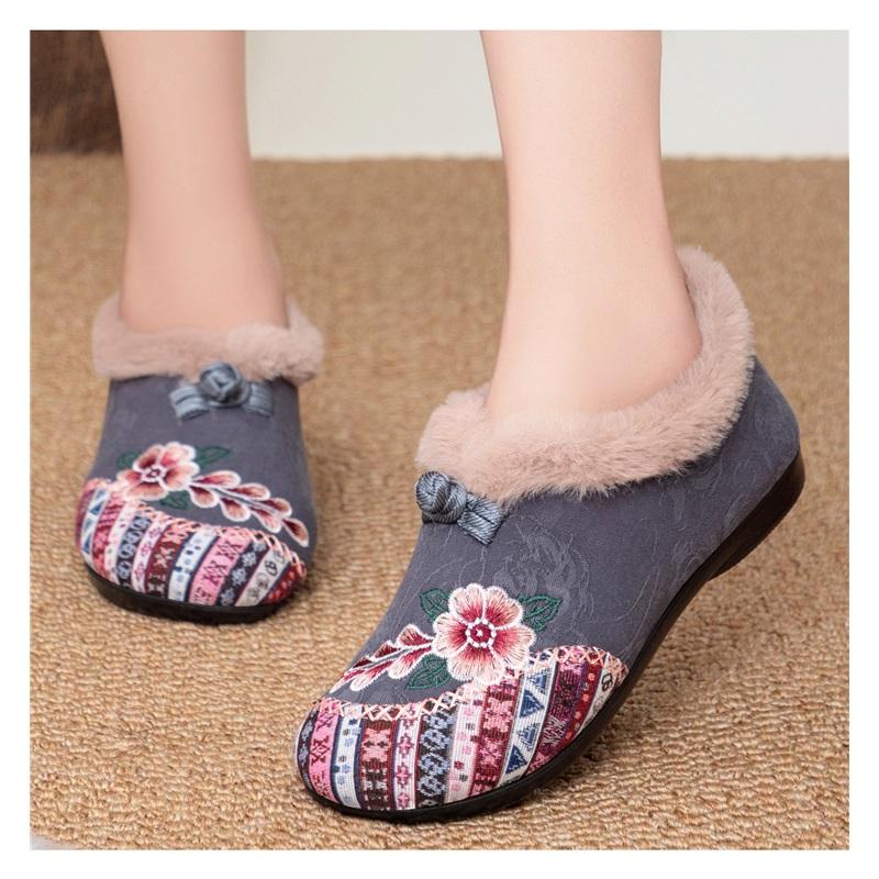 Womens Ethnic Floral Embroidery Cotton Shoes Fleece Lined Slip On Warm Flat Winter Casual Ankle Booties