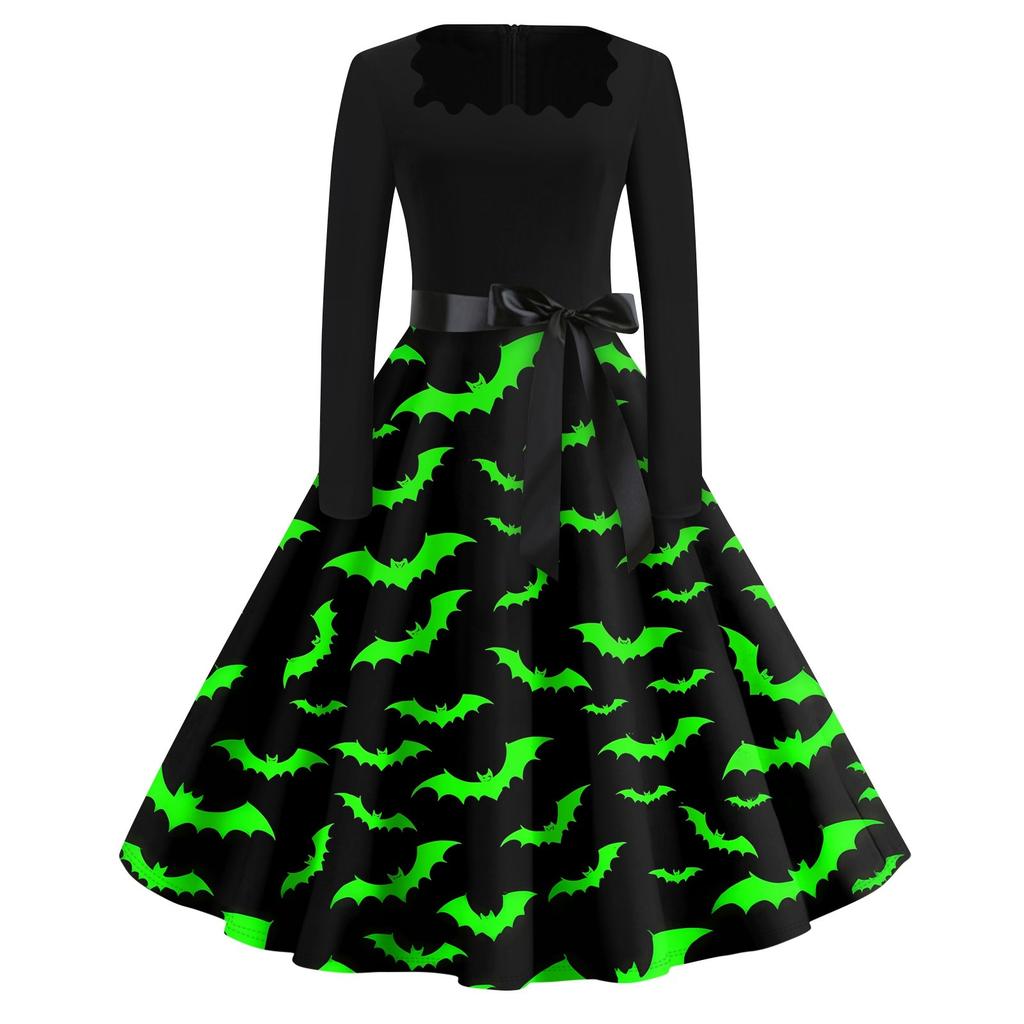 Halloween Print Flare Dress For Women Long Sleeve Dress Hollow Party Casual Dresses