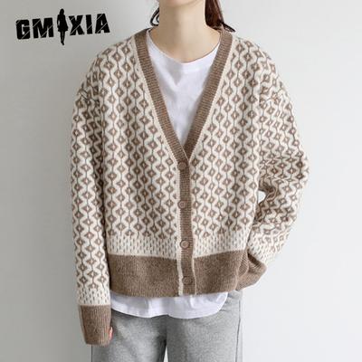 Autumn and Winter Women's Retro Temperament Collision Colour Knitted Cardigan V-neck Diamond Lattice Thick Loose Jumper Coat