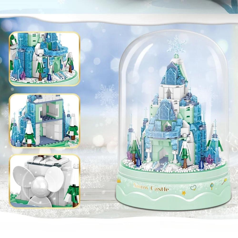 Music Snow Castle Mini Building Blocks DIY Toy with Fan Snow Effect Acrylic Cover Perfect Home Decor Gift for Kids Adults