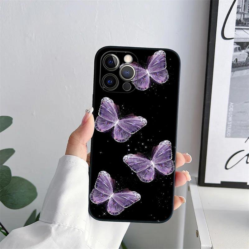Butterfly Love Black Phone Case for iPhone 11 15 16 Pro Max Case Coque 14 Plus 13 Pro 12 11 XS 16 8 SE 2020 15Pro TPU Soft Cover