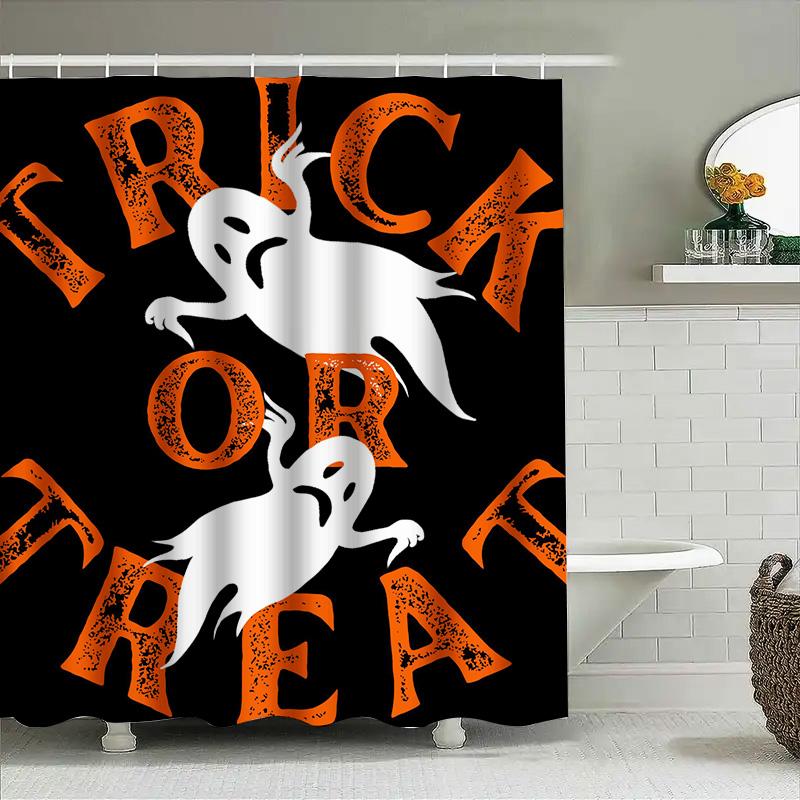 Spooky Halloween Ghosts Trick or Treat Shower Curtain Black Orange Decorative Waterproof Bath Rug Set for Kids Home Decoration