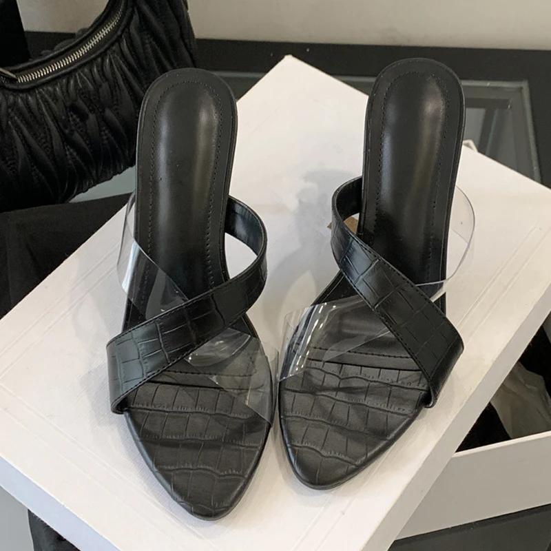 Fashion Novelty Transparent PVC Leather Corss Band Slippers Woman Summer Peep Toe Thin High Heel Sandals Elegant Ladies Party Dress Shoe