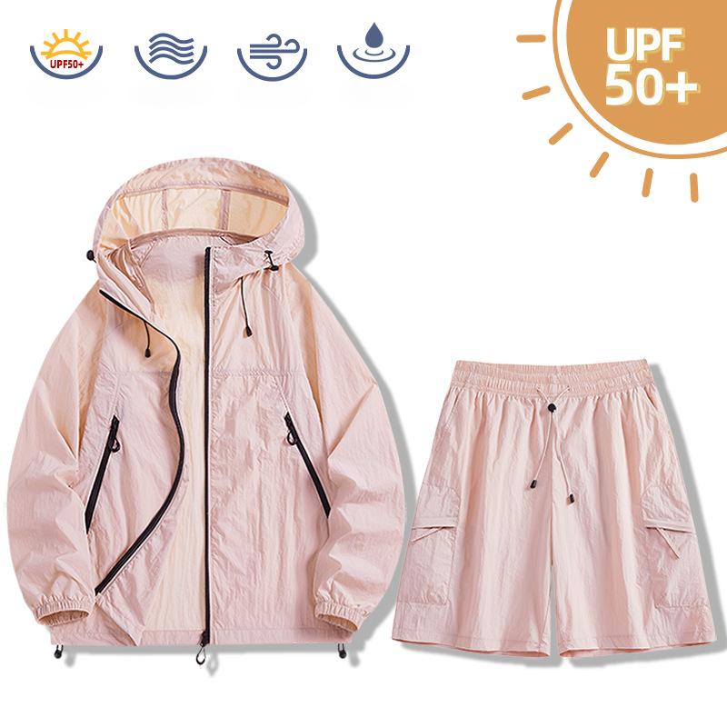 Summer Men's Ice Sunscreen Suit Hooded Jacket and Shorts Set Lightweight Quick Drying Two Piece Set Couple Style