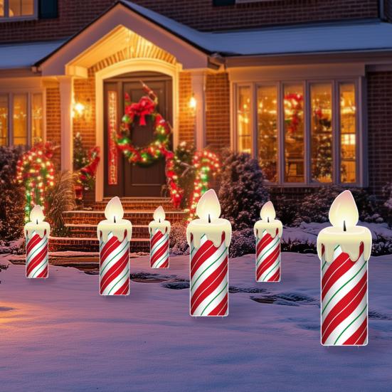 Christmas Yard Sign Outdoor Red White Striped Candle Sign with Stake for Garden Balcony Pathway Walkway Decor
