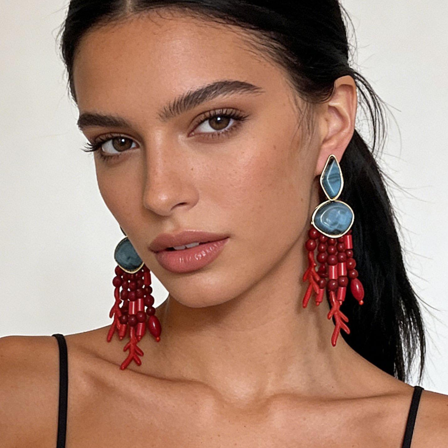 22646 Women's Red European And American Exotic Ethnic Style Retro Personality Beaded Fringed Coral Earrings Natural Vacation Ocean Style Woman
