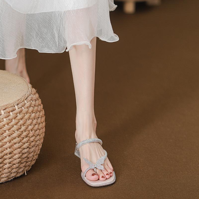 Square head thick heel with rhinestone butterfly cool slippers children are not tired feet new summer
