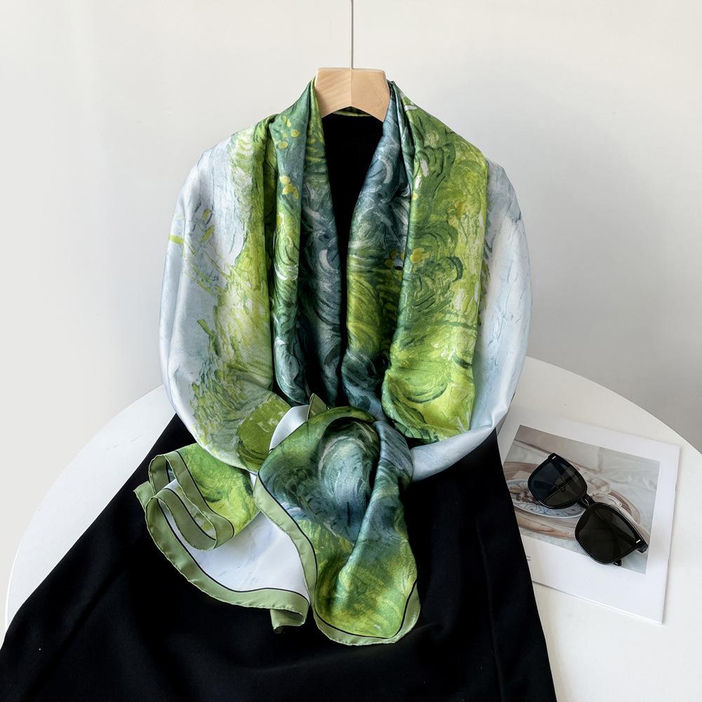 Spring and Summer Satin Long Scarf for Women Sunscreen Shawl Fashionable Beauty Scene Satin Long Scarf Versatile Travel Scarf
