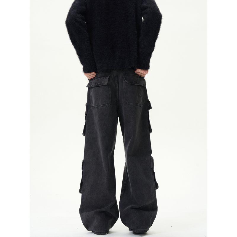 Kisko American Retro Heavy-Duty Multi-Pocket High-Waisted Workwear Jeans Unisex Loose Straight-Leg Distressed Pants Trendy