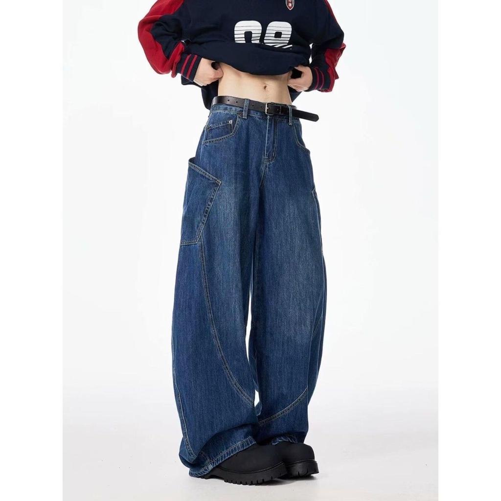 American Retro Street Style Wide Legged Dropped Crotch Distressed Curved Blade Design Jeans Loose Fit Trousers Casual Fashionable Pants