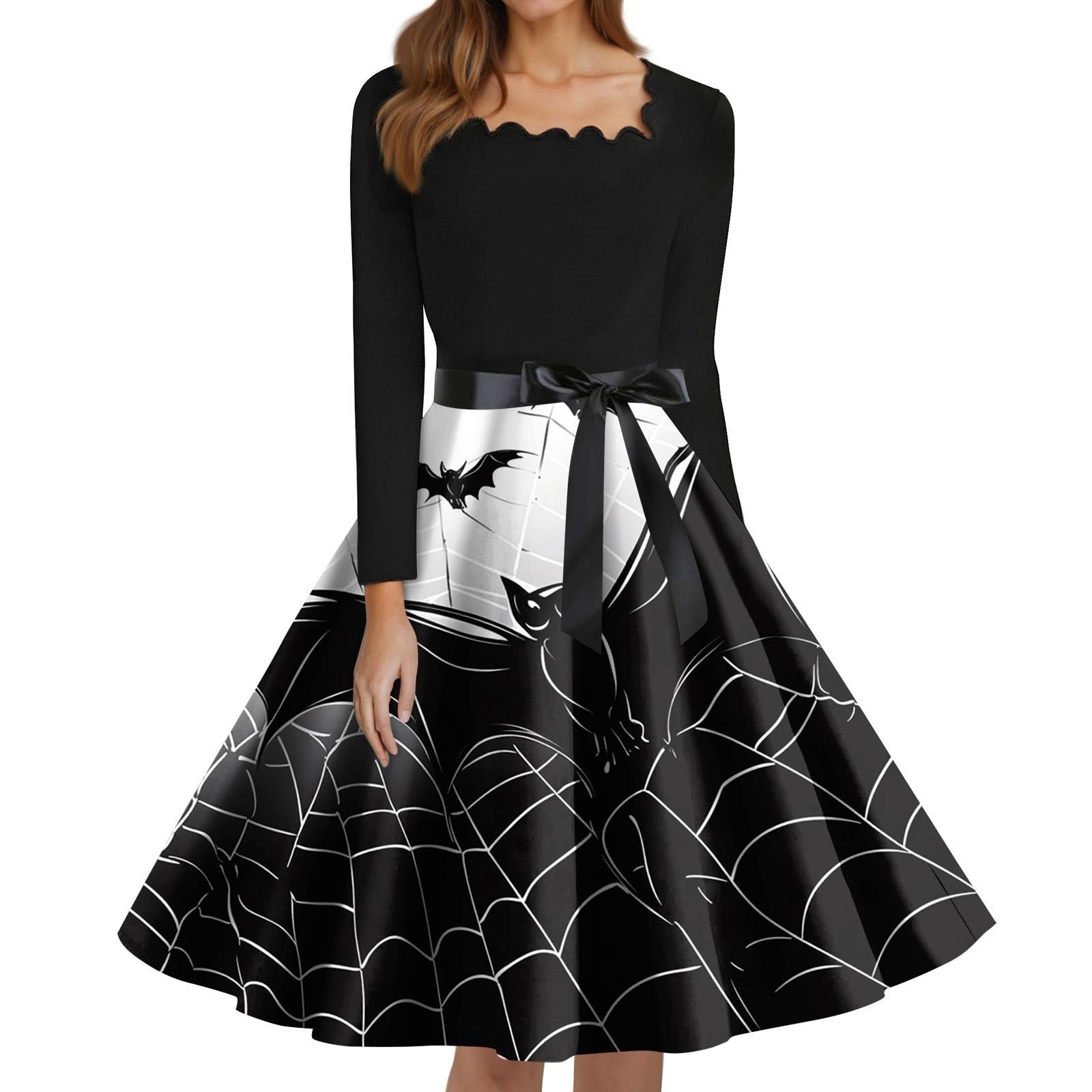 

Women s Fashion Square Neck Casual Slim Halloween Printed Long Sleeve Dresses L чорний