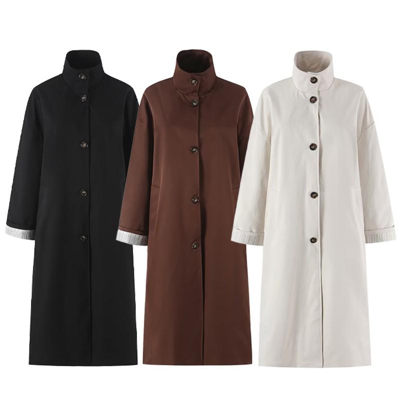 Womens Fall Winter Vintage British Stand Collar Single Breasted Loose Long Minimal Trench Coat