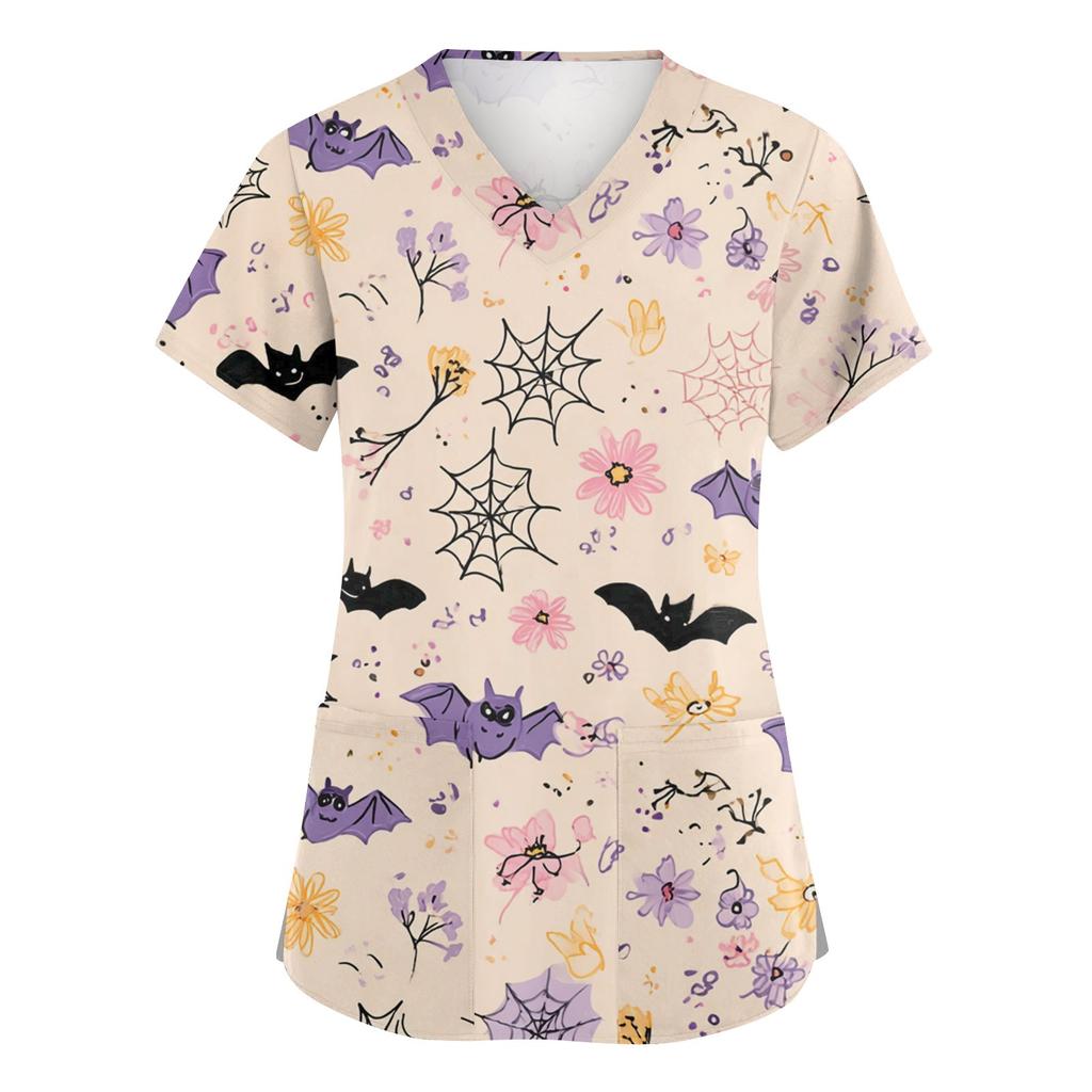 Damenmode V-Ausschnitt Kurzarm Overalls mit Taschen Print Tops Kleidung