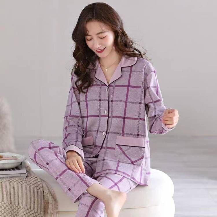 Pajamas women's spring and autumn 100% pure cotton long-sleeved plus size purple high-end autumn and winter cardigan loungewear two-piece set
