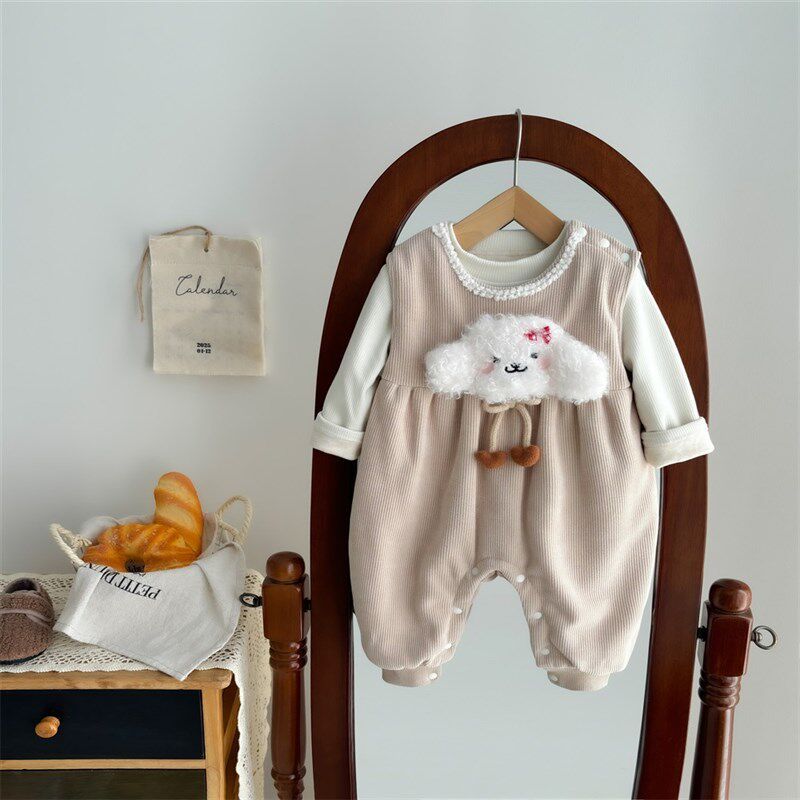 

2024 Autumn and Winter New Korean Style Baby Versatile and Stylish Baby Suit 1-3 Years Old Baby One-Piece Romper Two-Piece Set 2 Khaki [Top + Overalls] 90