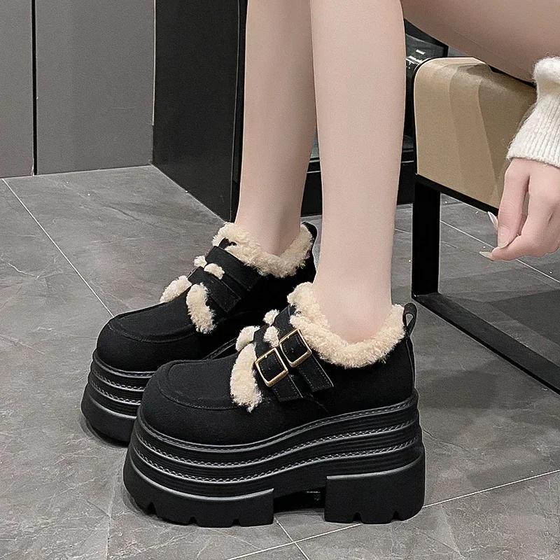 10CM New Winter Chunky Casual Snow Shoes Woman High Platform Wedge Heels Warm Fur Sneakers Fashion Women Buckle Leather Shoes