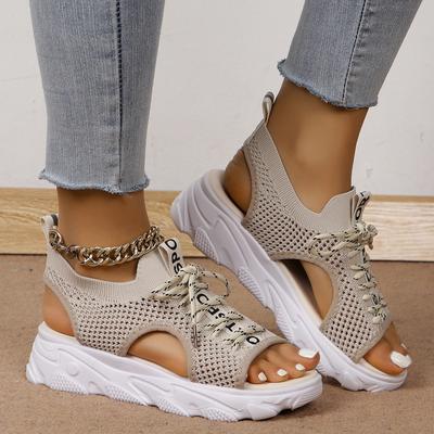 Mode Damen Sandalen Neue Bequeme Gestrickte Plateausandalen Peep Toe Schnürung Designer Vielseitig Lässiger Sportlicher Stil Schuhe für Damen