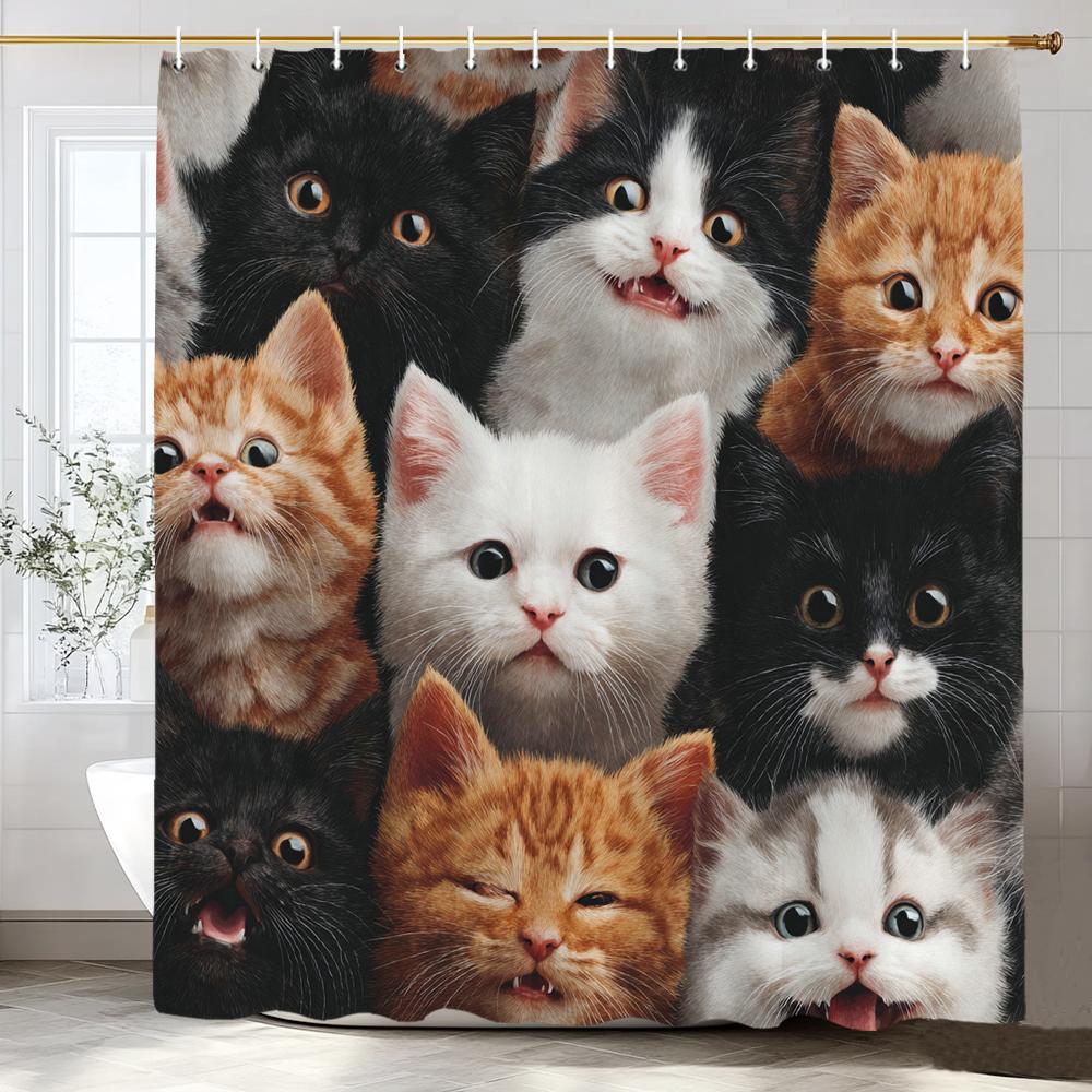 Cute Cat Shower Curtain for Bathroom Decor, Funny Bathroom Curtain , Cat Cute Cartoon Waterproof Fabric Home Curtain With Hooks