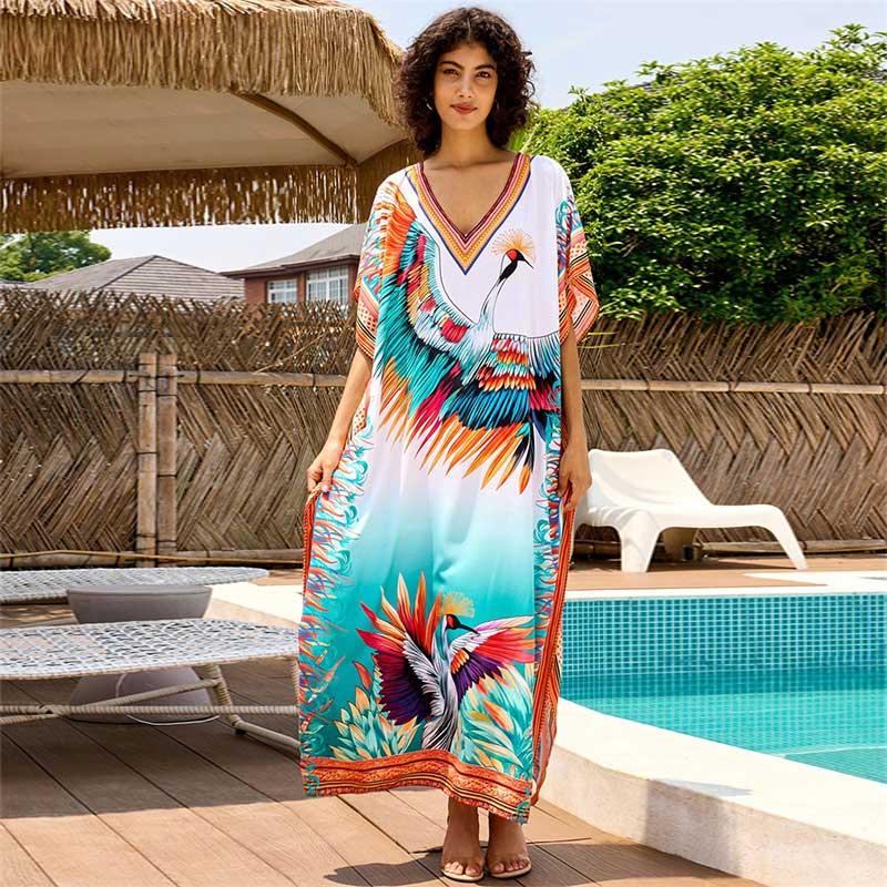 EDOLYNSA Sexy zahalení do plavek Velká velikost Kaftan 2024 Ženy Elegantní jeřábový potisk Plážové šaty s výstřihem do V Netopýr s rukávem Letní útulné domácí oblečení Q16744