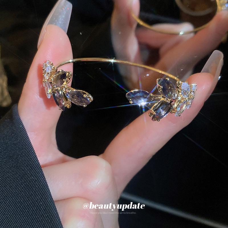 Bracelet jonc ouvert feuille de diamant étincelant – Bijou haut de gamme, polyvalent, tendance pour femmes