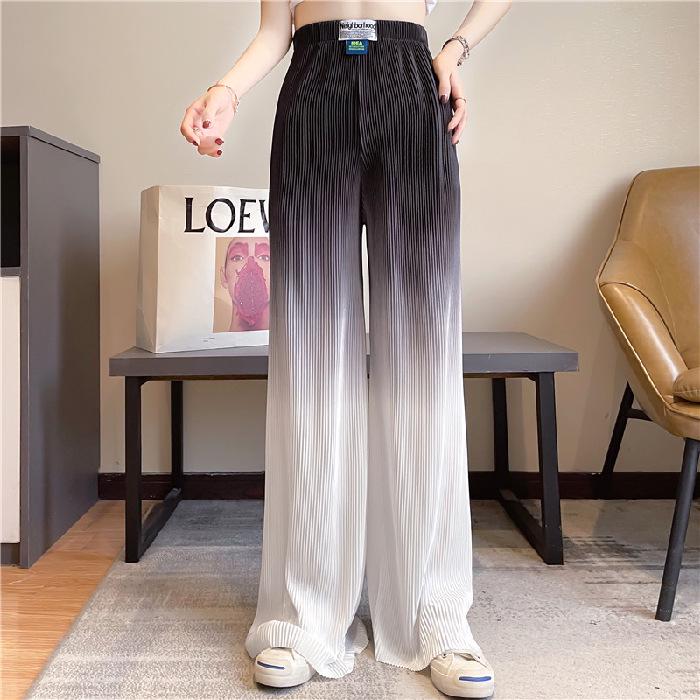 Korean Style Women's Three-Color Gradient Pleated Wide-Leg High-Waisted Floor-Length Pants