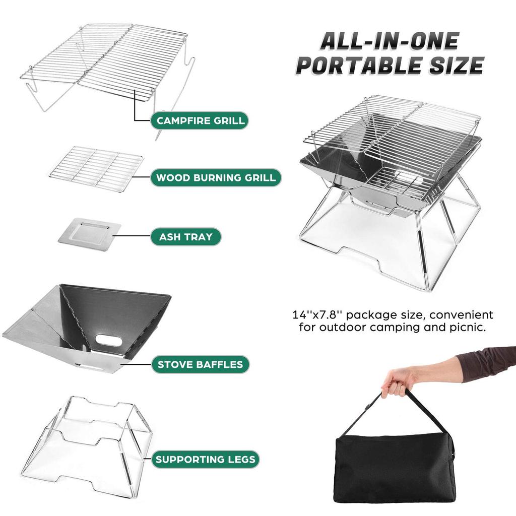 Folding Campfire Grill Stainless Steel Grate Barbeque Grill Portable Camping Grill with Legs for Picnics Backpacking Outdoor