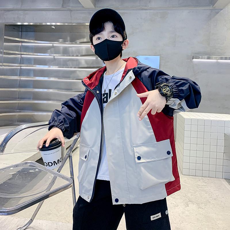 2025 Boys' Spring Hooded Windbreaker - Casual Patchwork Outerwear for Big Kids