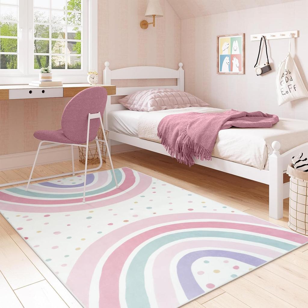 Elegant Boho Rainbow Wave Dots Area Rug Soft Non-Slip Living Room Carpet for Bedroom Bedside Baby Room Decor Floor Mat Gift