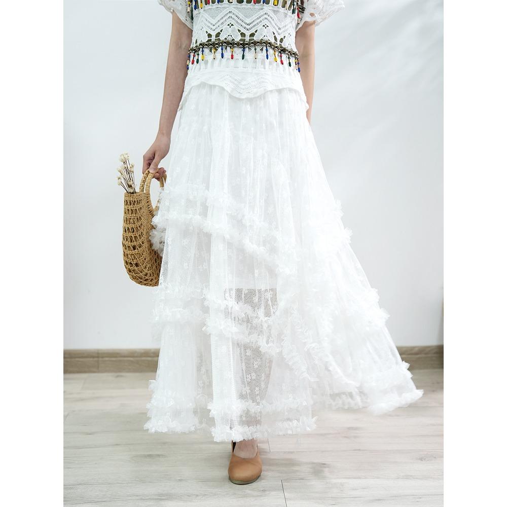 

DIMANAF 2025 Summer Women New Skirts Vintage Loose Elastic Pleated Elegant White Long Skirts Lace High Waist one size білий