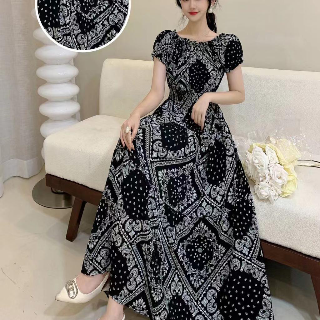 2024 Women's Beach Dress Short Sleeve Floral Dress Cotton Travel Vacation Bohemian Skirt Summer Halter