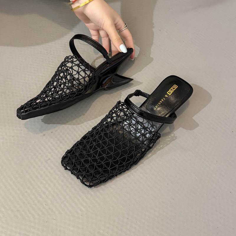 New Popular Summer Slippers Sandals Party Shoes for Women Strange Style Square Toe Shallow Narrow Band Weaving Slip-On