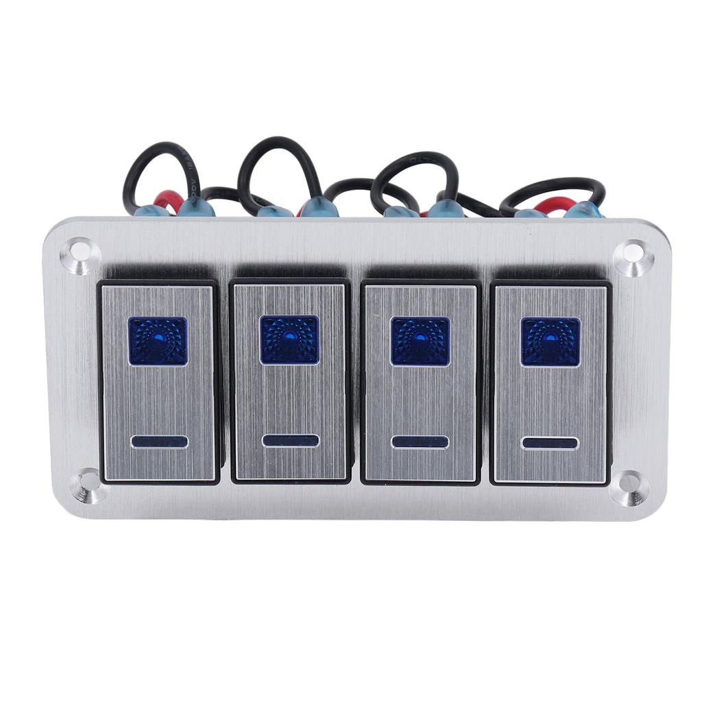 4 Gang Rocker Switch Panel 5Pin ON OFF SPST Blue Backlight Pre Wired Aluminum Alloy for Cars RVs Buses Trailers UTV