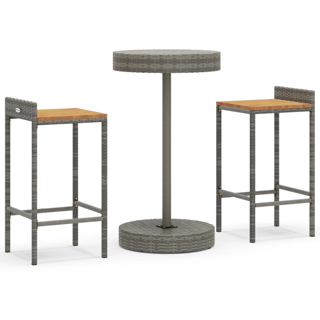 3 Piece Garden Bar Set Grey Poly Rattan & Solid Acacia Wood