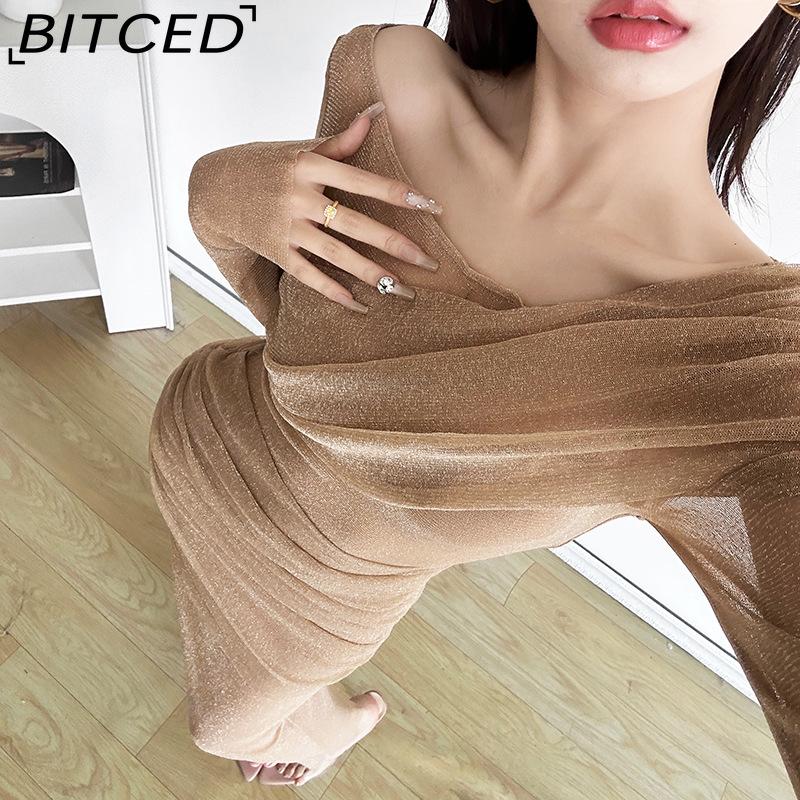 BITCED Fall Women's Solid-Color Slim-Fit High-Waisted Fashion O-Neck Long-Sleeve Mesh Dress