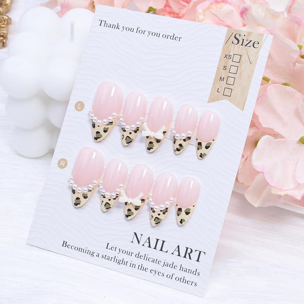24Pcs Leopard Print French Tip Press On Nails Medium Almond Fake Nails Bow Glue On Nail 3D Pearl Gems Cute False Nails French Stick On Nail Bow