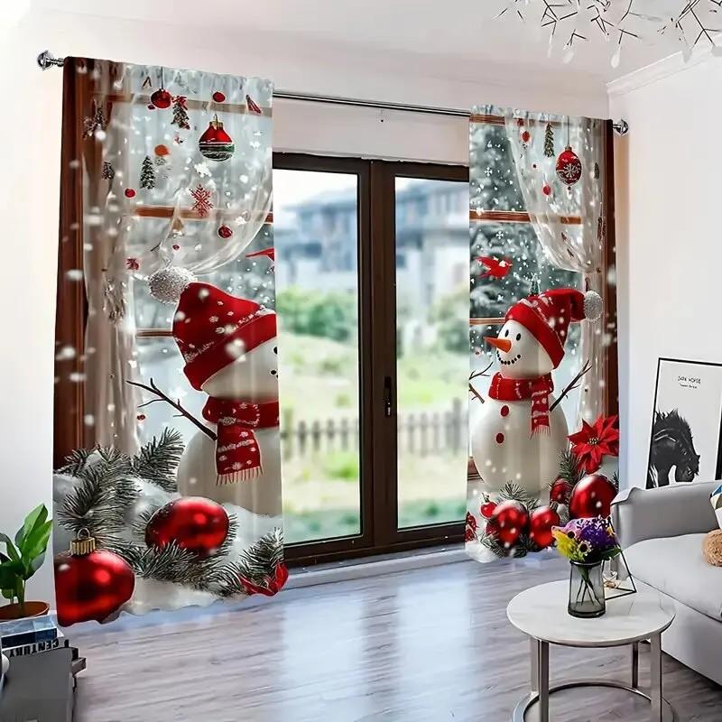 JIT 2pcs Festive Snowman Printed Curtain  Privacy Protection  Polyester  Christmas Window Decor  Home Decor  Rod Pocket Curtain
