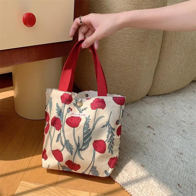 Korean Cloth Handbags Lunch Box Bag Women's Beauty Flower Canvas Bag Outside Shopping Toiletry Phone Oagnzier Storage Bags