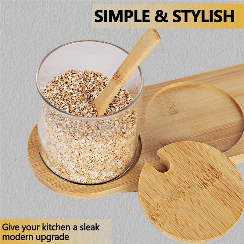 A84E-Bamboo Condiment Container With Lid And Spoon-Condiment Box Set, Used To Store Condiments, Salt And Sugar.