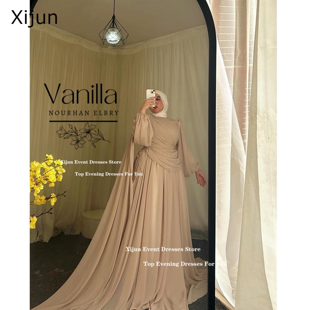 Xijun Elegant Chiffon Long Evening Dresses O-Neck Full Sleeves Prom Dress A-Line Modest Dubai Prom Gown Floor Length Customized